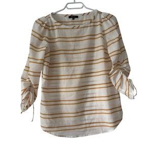 RW&CO striped mustard yellow and white blouse ruched tie sleeves causal size xxs